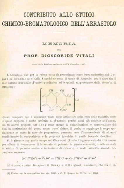 Contributo allo studio chimico-bromatologico dell'abrastolo. Estratto da Memorie della R.Accademia delle Scienze dell'Istituto di Bologna anno 1908 serie VI tomo V fascicoli 1 e 2 - Dioscoride Vitali - copertina