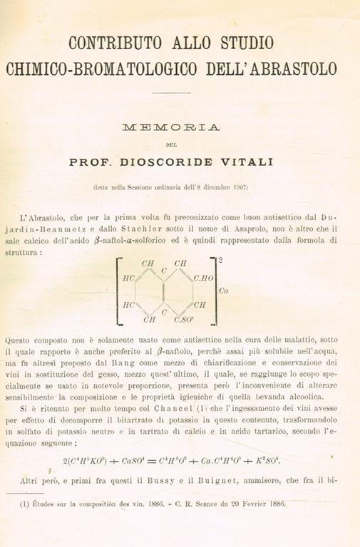 Contributo allo studio chimico-bromatologico dell'abrastolo. Estratto da Memorie della R.Accademia delle Scienze dell'Istituto di Bologna anno 1908 serie VI tomo V fascicoli 1 e 2 - Dioscoride Vitali - copertina