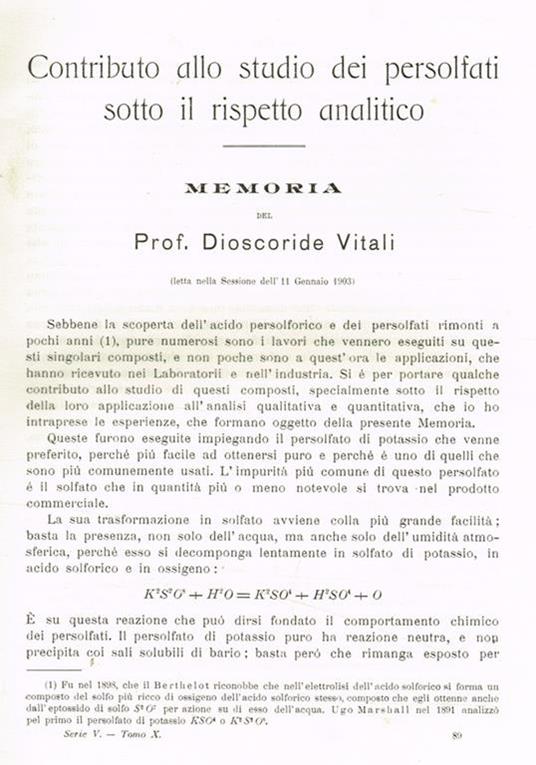 Contributo allo studio dei persolfati sotto il rispetto analitico - Dioscoride Vitali - copertina