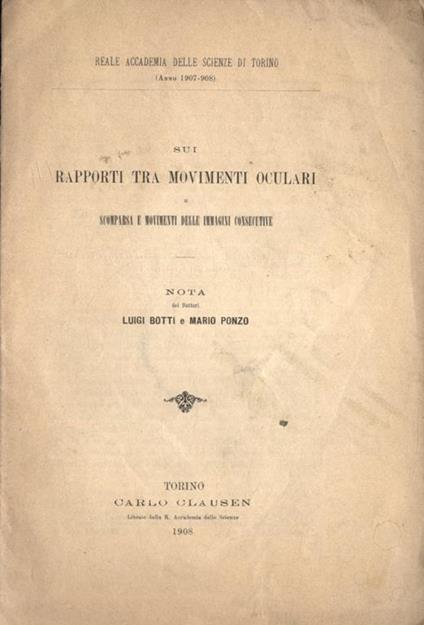 Sui rapporti tra movimenti oculari. e scomparsa dei movimenti delle immagini consecutive - Luigi Botti - copertina