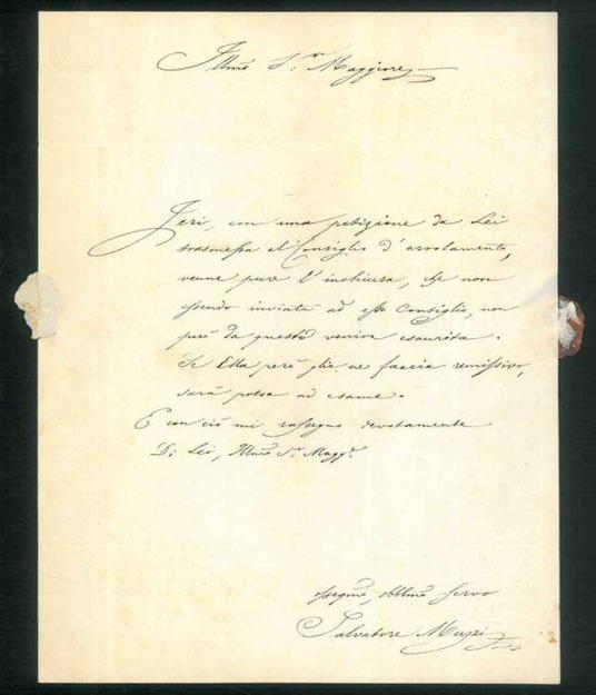 Lettera manoscritta con firma autografa a Paolo Silvani maggiore del 3° Battaglione Civici - Salvatore Muzzi - copertina