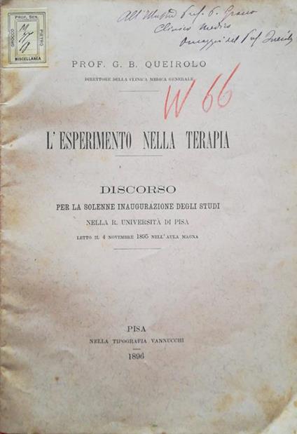 L' esperimento nella terapia. Discorso per la solenne inaugurazione degli studi nella R. Università di Pisa letto il 4 novembre 1895 nell'aula magna - copertina