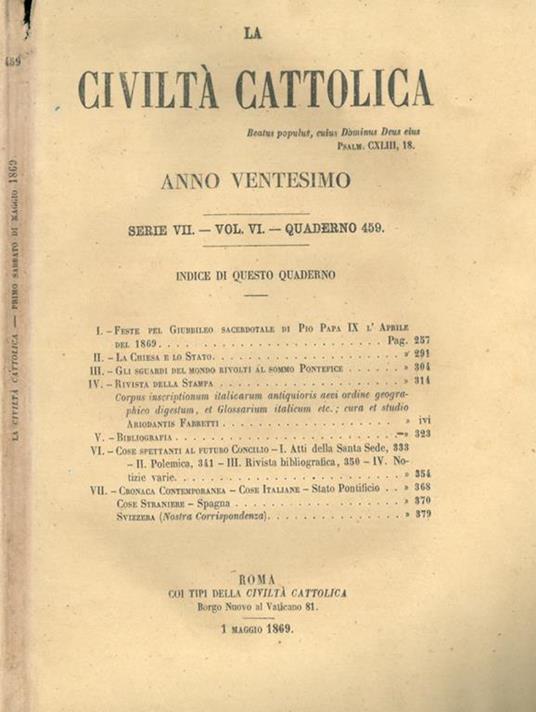 La Civiltà Cattolica 1869 - copertina