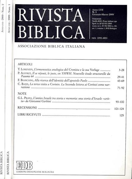 Rivista Biblica ( Numeri 1 E 2 Del 2009) - copertina