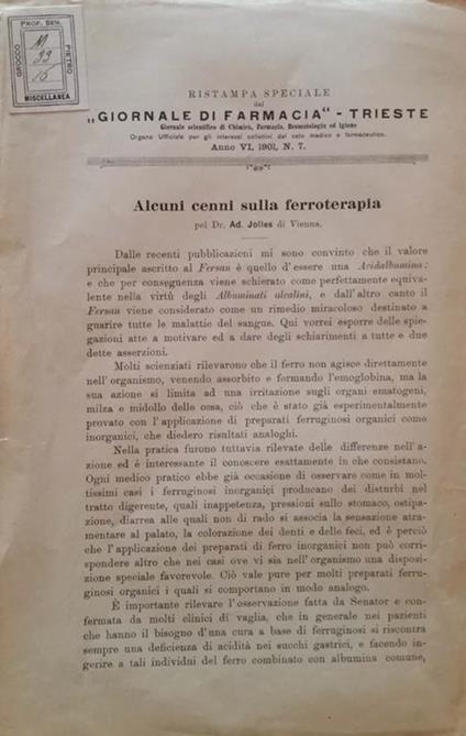 Alcuni cenni sulla ferroterapia - copertina