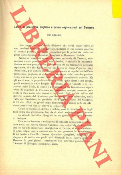 Linee di preistoria pugliese e prime esplorazioni sul Gargano - Ugo Rellini - copertina