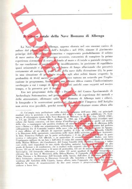 Il rilievo totale della Nave Romana di Albenga. Ricerche e scoperte d'archeologia sottomarina in Liguria dal 1959 al 1961 - Nino Lamboglia - copertina