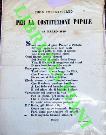 Inno improvvisato per la Costituzione papale. 18 marzo 1848 - Paolo Bonetti - copertina