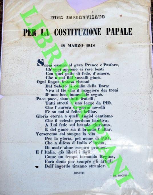 Inno improvvisato per la Costituzione papale. 18 marzo 1848 - Paolo Bonetti - copertina