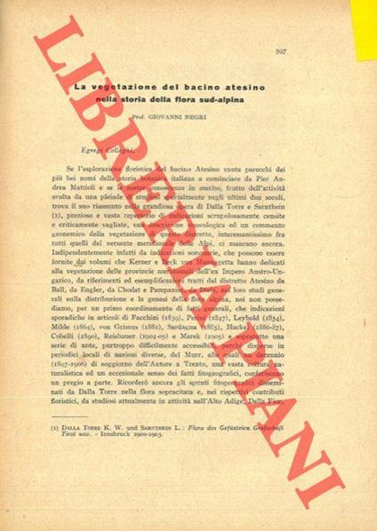 La vegetazione del bacino atesino nella storia della flora sud-alpina - Giovanni Negri - copertina