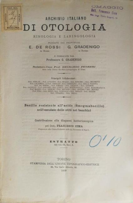 Bacillo resistente all'acido (Smegmabacillo) nell'essudato delle otiti nei bambini - Francesco Cima - copertina