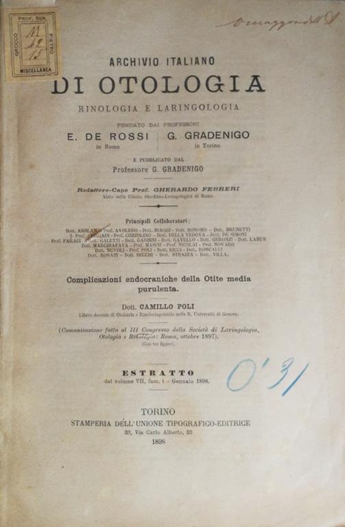 Complicazioni endocraniche della otite media purulenta - Camillo Poli - copertina