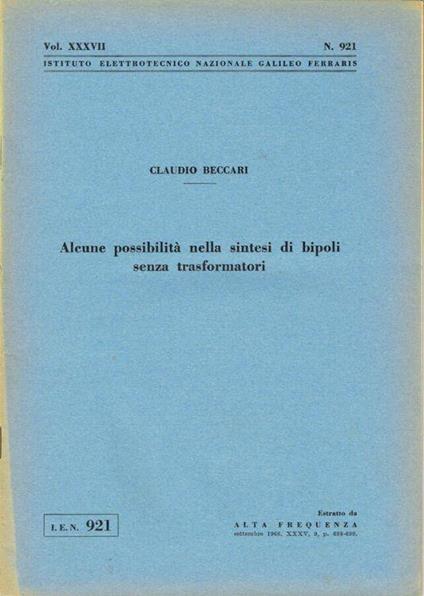 Alcune possibilità nella sintesi di bipoli senza trasformatori - Claudio Beccari - copertina
