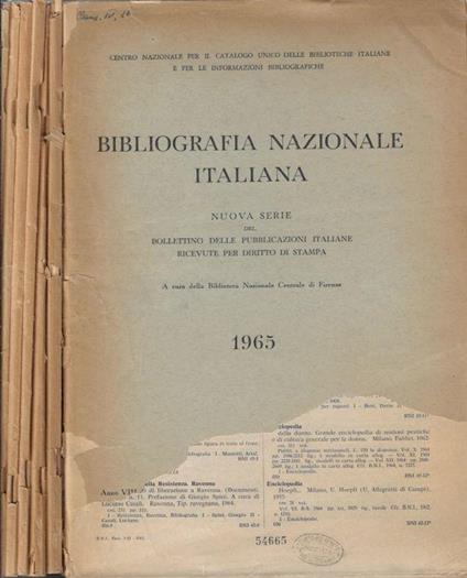 Bibliografia Nazionale Italiana anno 1965 Fasc. I-II, III-IV, V-VI, VII-VIII, IX, X-XI, XII - Emanuele Casamassima - copertina