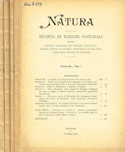 Natura. Rivista di scienze naturali. Vol.62 fasc.1, 2, 3, 4, anno 1971 - Cesare Conci - copertina