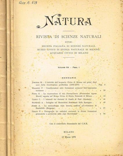 Natura. Rivista di scienze naturali. Vol.64 fasc.1, 2, 3/4, anno 1973 - Cesare Conci - copertina