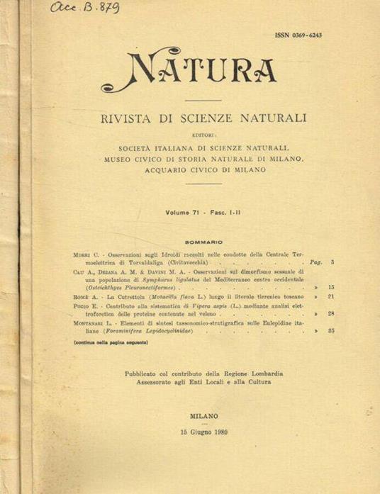 Natura. Rivista di scienze naturali. Vol.71 fasc.1/2, 3/4, anno 1980 - Cesare Conci - copertina