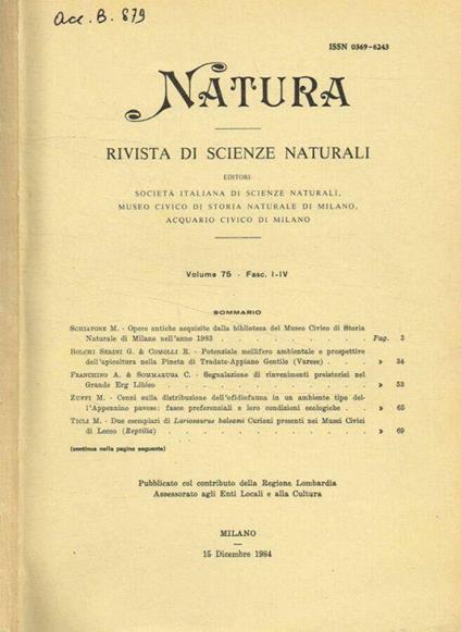 Natura. Rivista di scienze naturali. Vol.75 fasc.1/4, anno 1984 - Cesare Conci - copertina