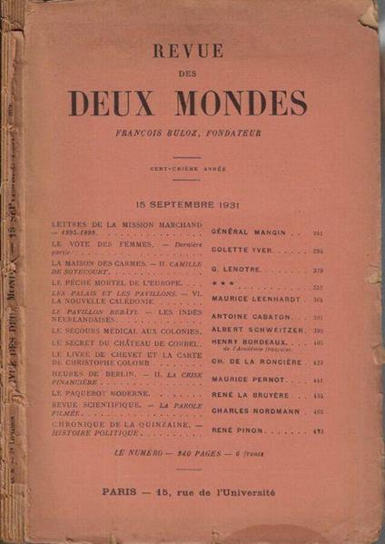 Revue des deux mondes 15 septembre 1931 - René Doumic - copertina