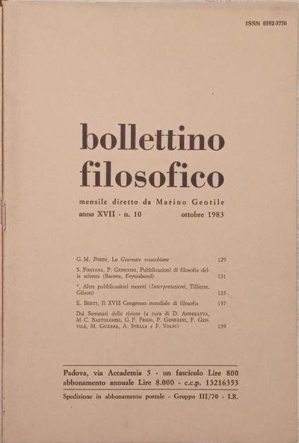 Bollettino filosofico anno XVII-N.10,11Ottobre, Novembre1983 - Marino Gentile - copertina