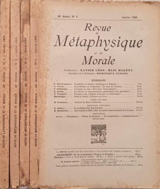 Revue de Métaphysique et de Morale N.1,2,3,4 1939 - Elie Halévy - copertina