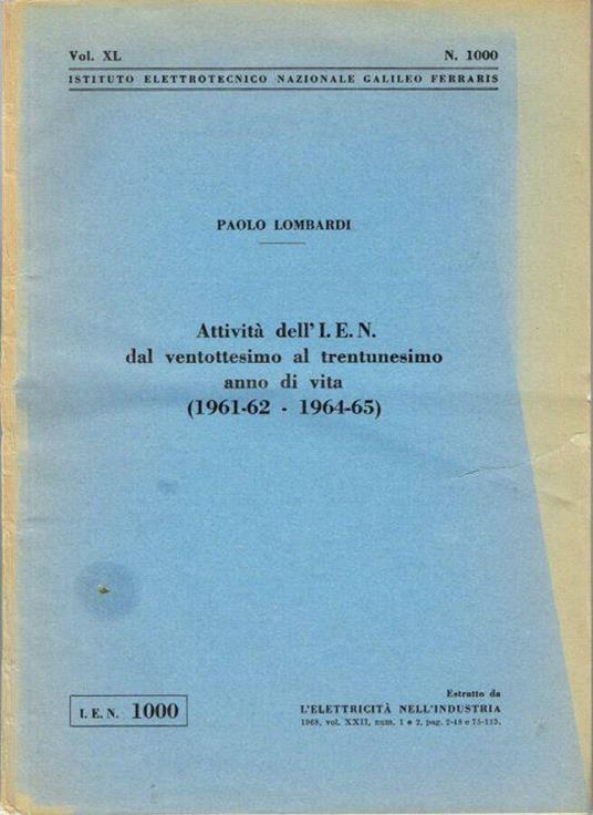 Attività dell'I. E. N. dal ventottesimo al trentunesimo anno di vita - Paolo Lombardi - copertina