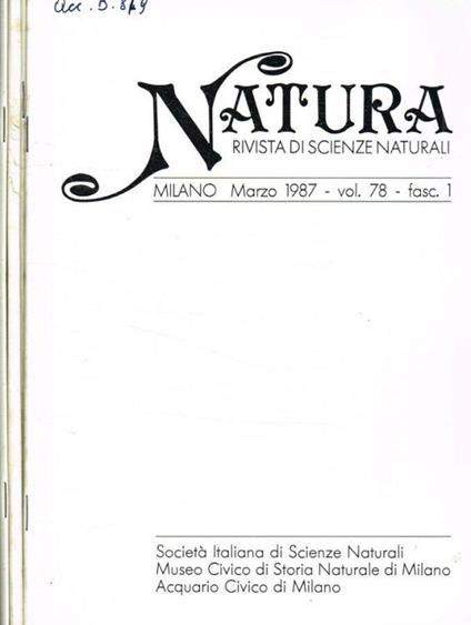 Natura. Rivista di scienze naturali. Vol.78 fasc.1, 2, 3, 4, anno 1987 - Giovanni Pinna - copertina