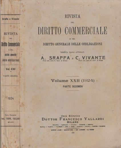 Rivista del diritto commerciale Volume XXII 1924 parte seconda - Cesare Vivante - copertina