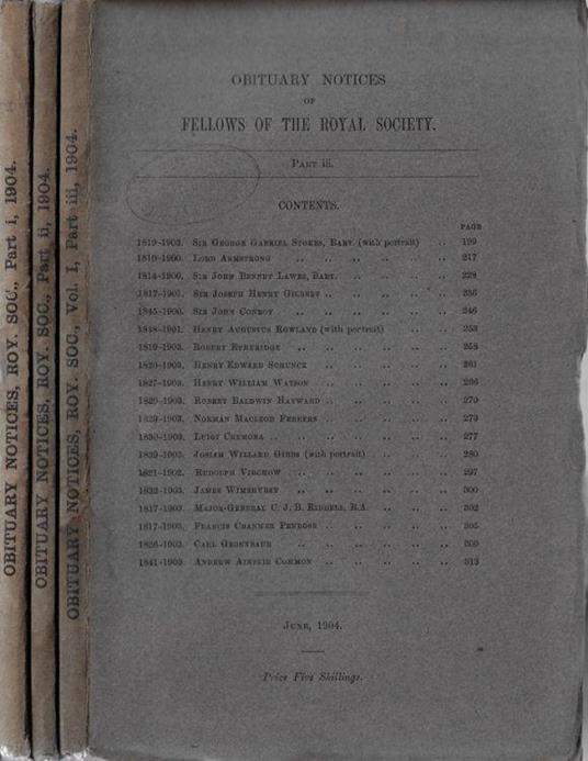Obituary notices of fellows of the Royal Society Part III, III, I june, august, october 1904 - copertina