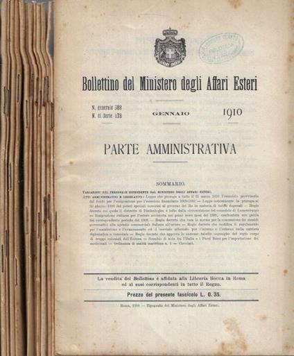 Bollettino del Ministero degli Affari Esteri anno 1910 (annata completa+indice) - copertina