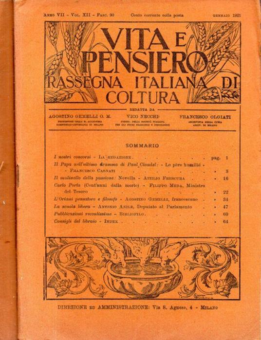 Vita e Pensiero - Fasc. 90-91, Vol. XII. - Anno VII. - 1921 - copertina