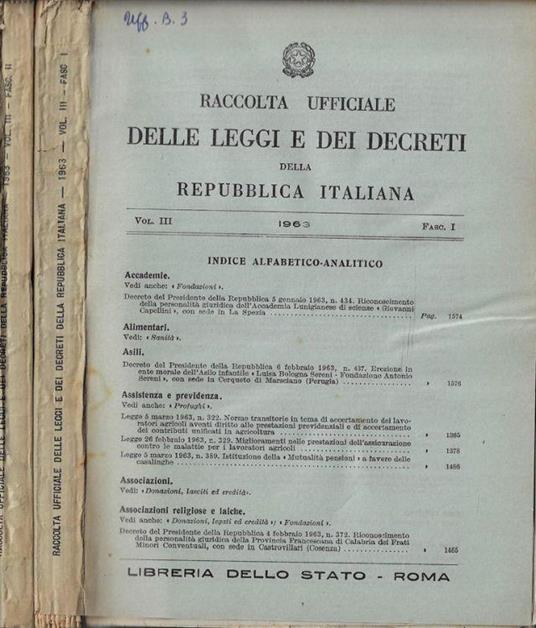 Raccolta ufficiale delle leggi e dei decreti della Repubblica Italiana anno 1963 Vol III fascicoli I, II - copertina