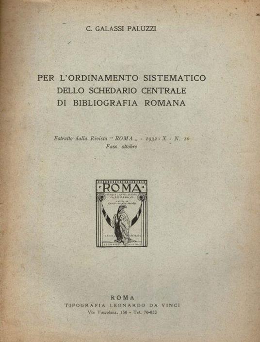 Per l'ordinamento sistematico della schedario centrale di bibliografia romana - copertina
