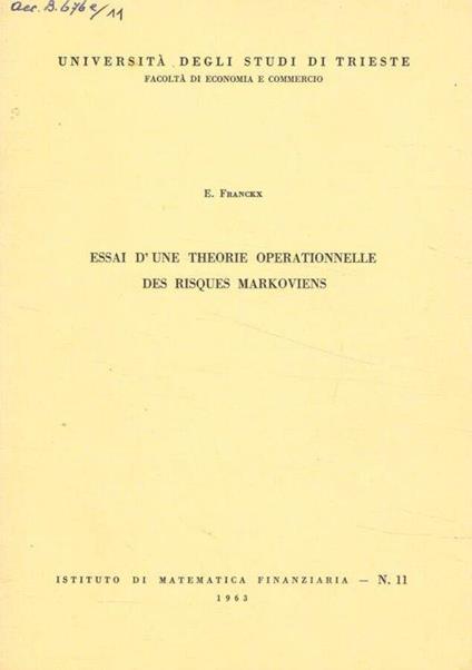 Essai d'une theorie operationnelle des risques markoviens - copertina