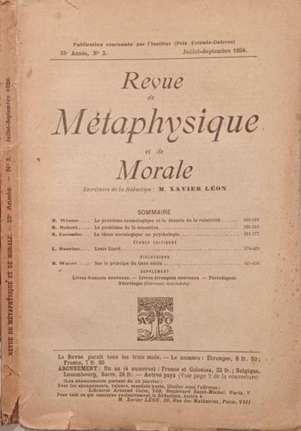 Revue de Métaphysique et de Morale N.3 1926 - copertina