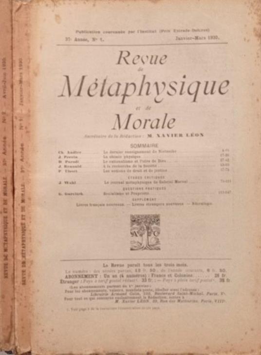Revue de Métaphysique et de Morale N.1,2 1930 - copertina