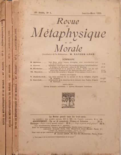 Revue de Métaphysique et de Morale N.1,2,3 1933 - copertina