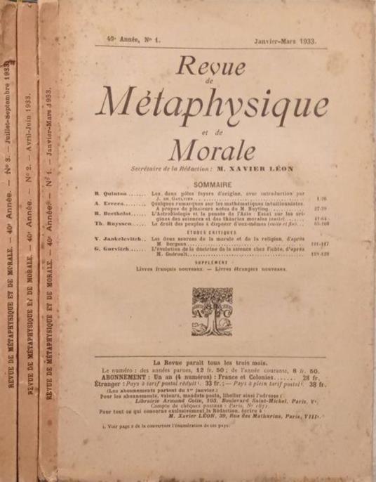 Revue de Métaphysique et de Morale N.1,2,3 1933 - copertina