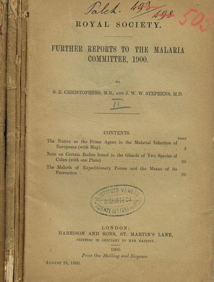 Royal Society. Reports to the malaria committee. N.II, III, IV, V, VIII - copertina