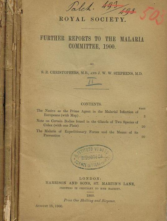 Royal Society. Reports to the malaria committee. N.II, III, IV, V, VIII - copertina