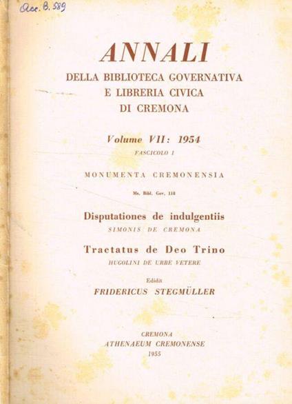 Annali della Biblioteca Governativa e Libreria Civica di Cremona. Volume VIII: 1954 fascicolo I - copertina