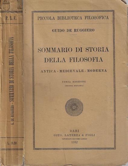 Sommario di storia della filosofia. Antica – medievale – moderna - Guido De Ruggiero - copertina