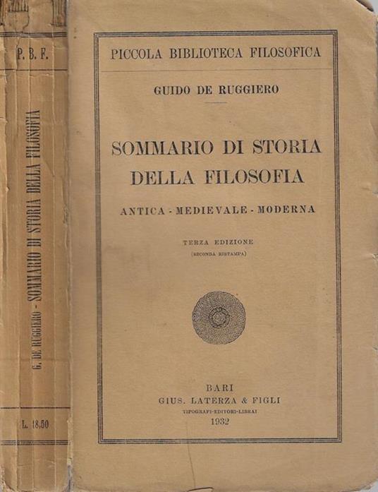 Sommario di storia della filosofia. Antica – medievale – moderna - Guido De Ruggiero - copertina