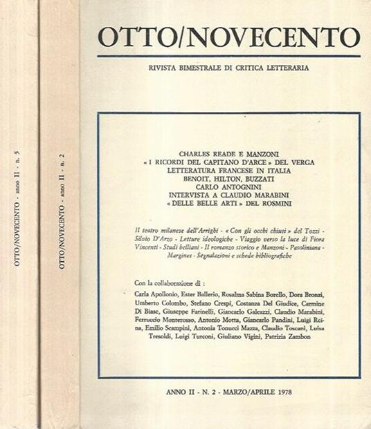 Otto/Novecento. Rivista Bimestrale di critica letteraria Anno II n° 2 Marzo/Aprile 1978 Anno II n° 5 Settembre/Ottobre 1978 - copertina
