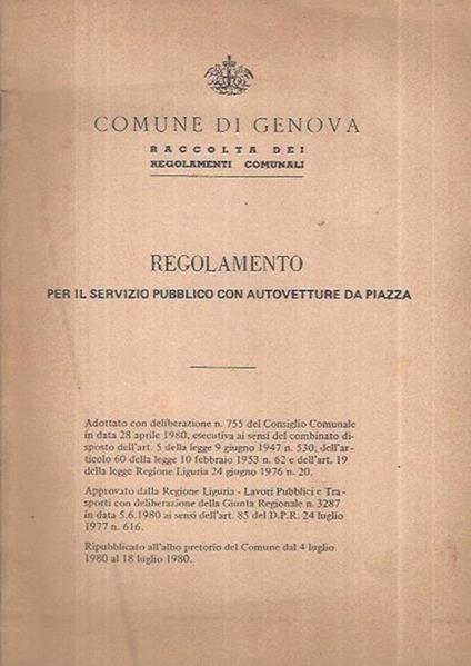 Regolamento per il Servizio Pubblico con autovettura di Piazza - copertina