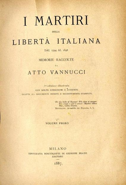 I martiri della libertà italiana (vol. I). Dal 1794 al 1848 - Atto Vannucci - copertina