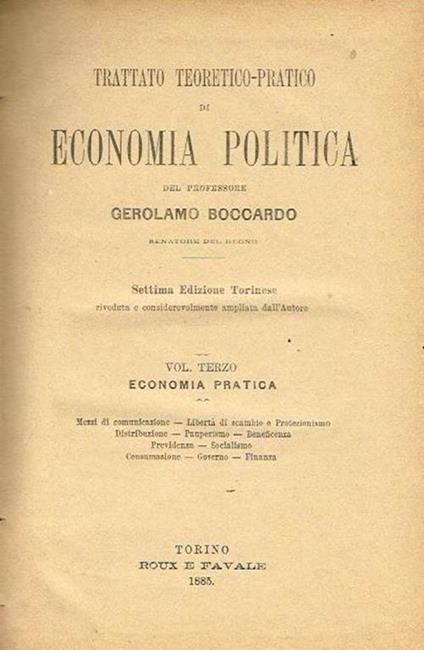 Trattato teorico- pratico di economia politica (vol. III). Economia pratica - Gerolamo Boccardo - copertina