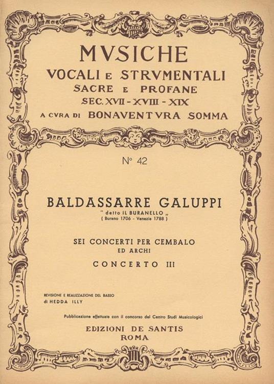 Sei concerti per cembalo ed archi. Concerto III - Baldassarre Galuppi - copertina