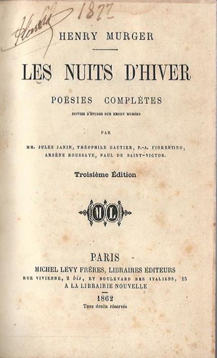 Le nuits d'Hiver. Poésies complétes - Henry Murger - copertina