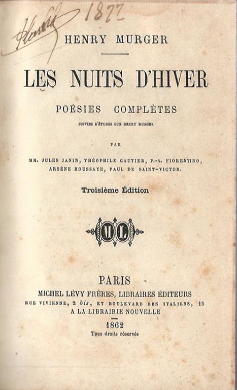 Le nuits d'Hiver. Poésies complétes - Henry Murger - copertina